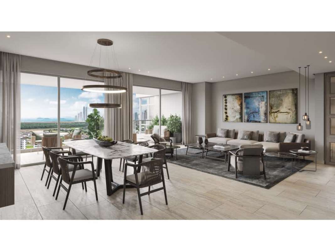 Spacious luxury bathroom with double sink, glass shower, bathtub and golf course views in PH Guayacan Panama