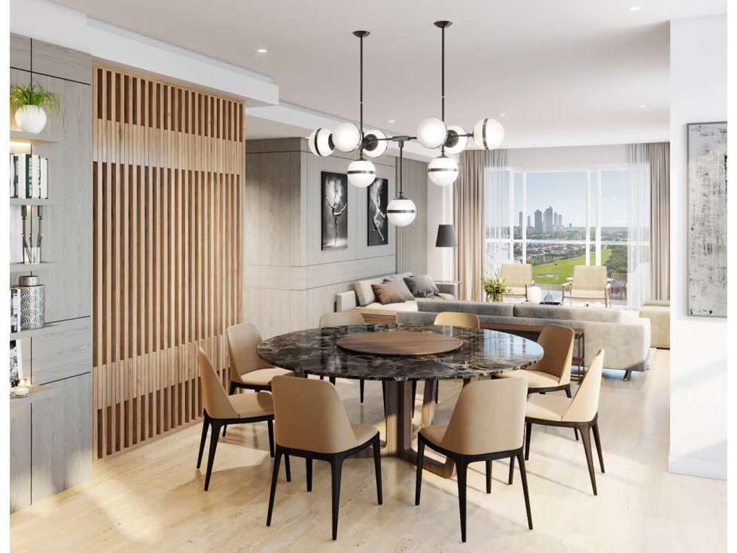 Modern spacious master bathroom with double sinks, glass shower and beige tile PH Celeste Panama