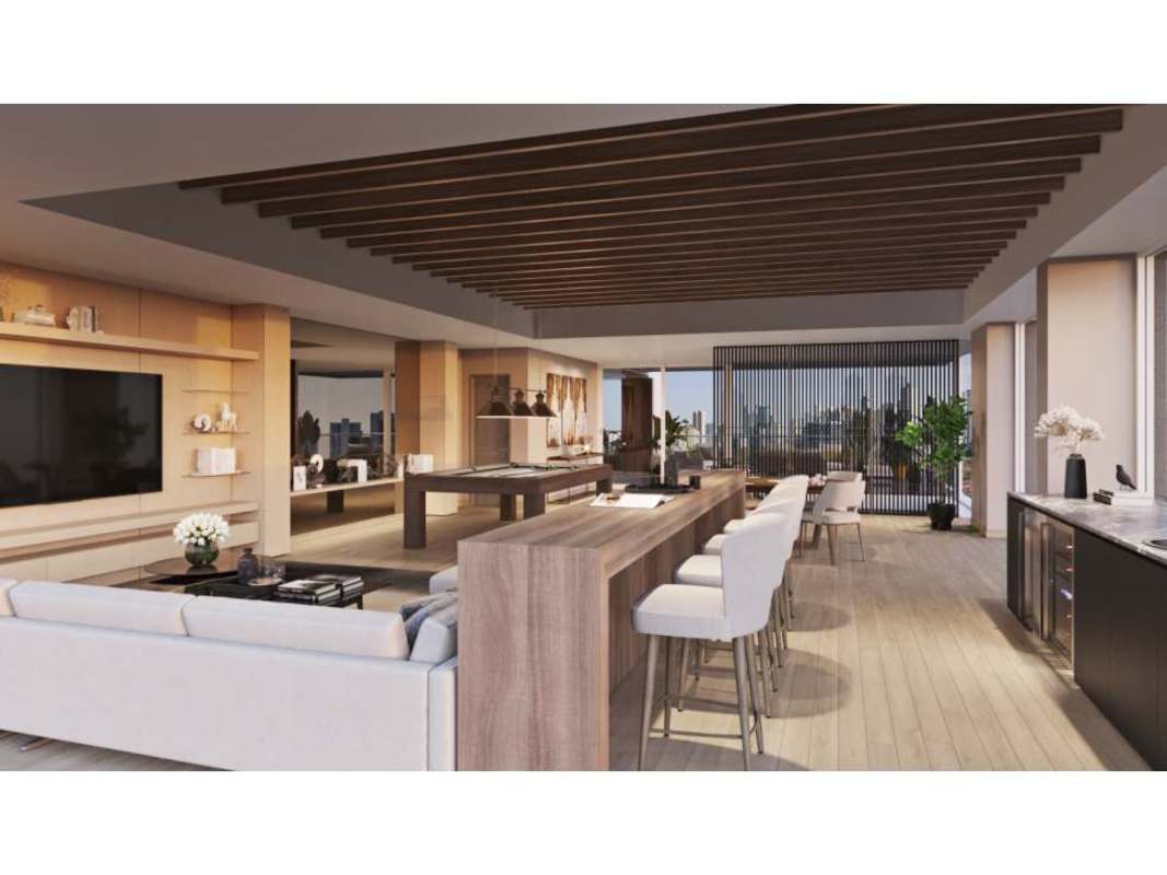 Bright open living and dining area with golf course view PH Celeste Santa María Panama