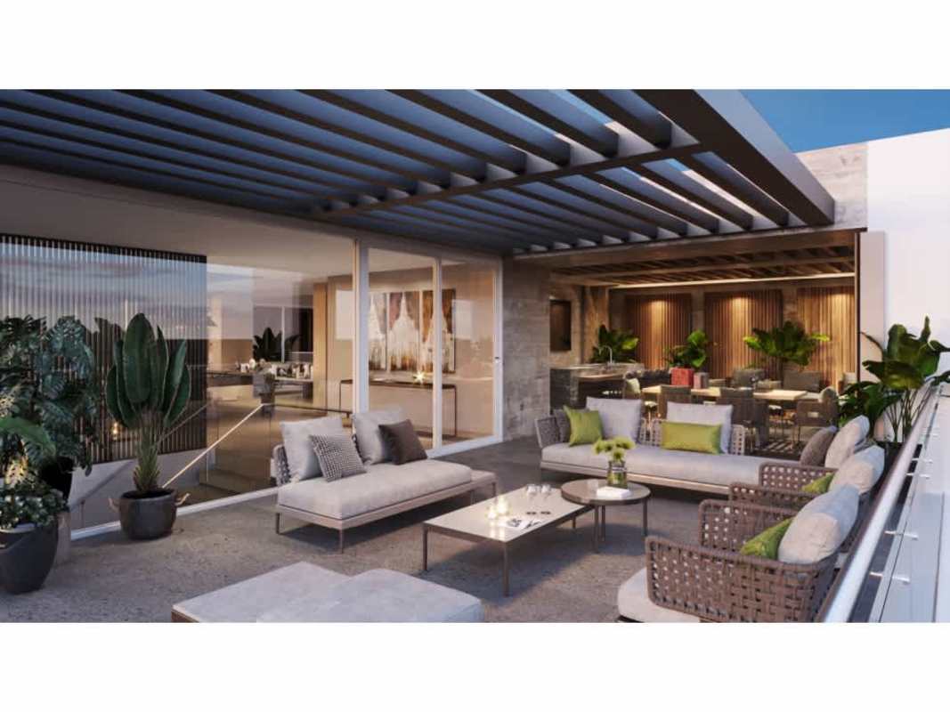 Modern outdoor terrace lounge with pergola and city views PH Celeste Panama