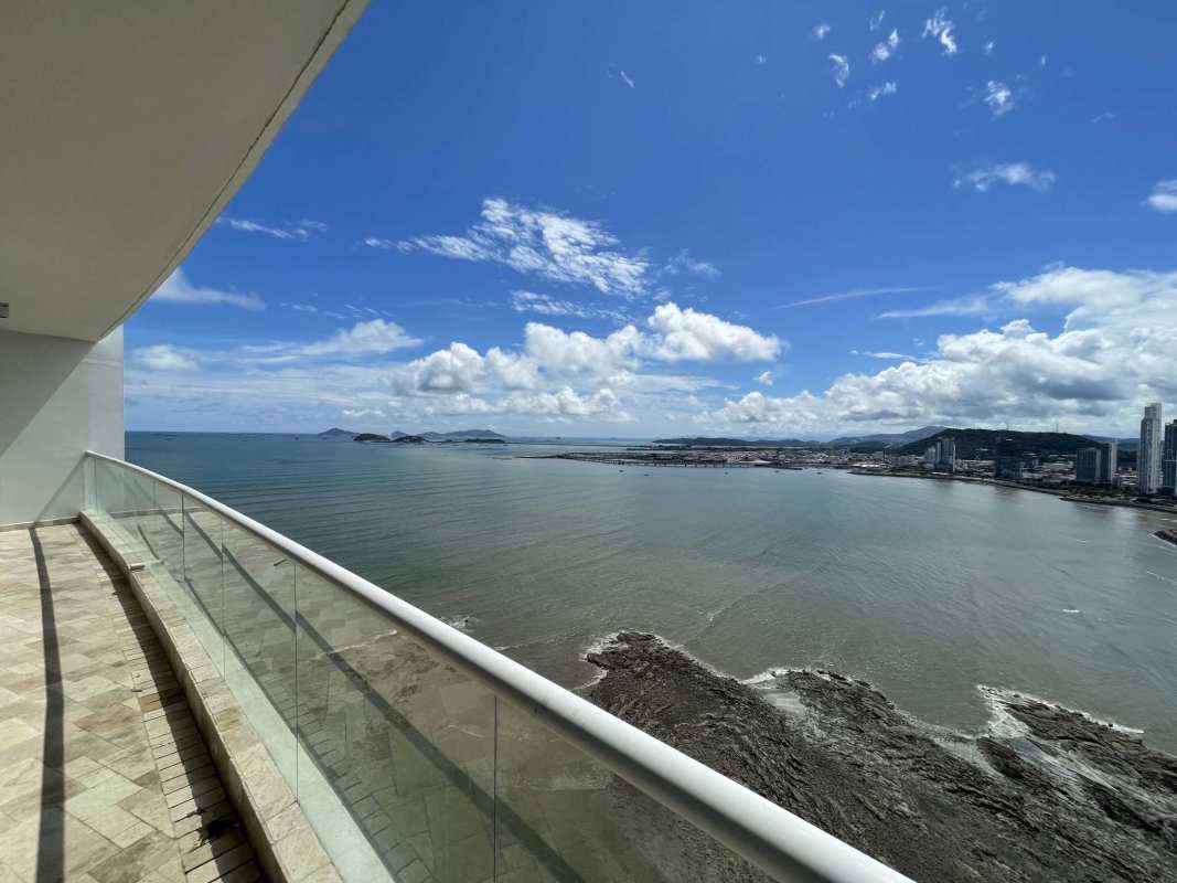 Balcony overlooking ocean and skyline in luxury waterfront condo PH The Point Punta Paitilla Panama