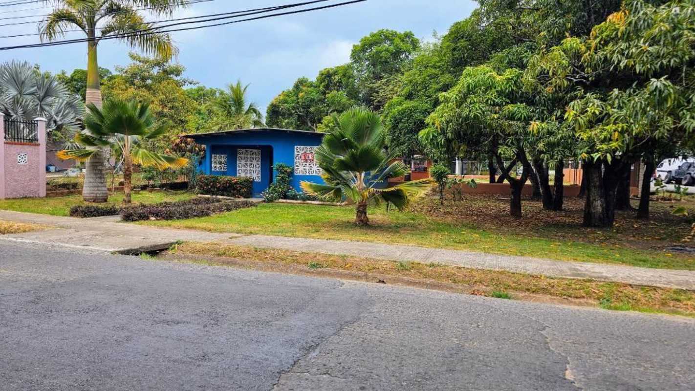 Street side blue house with trees and garden Nueva Esperanza 24 de Diciembre