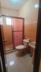 Bright bathroom with blue tiles, frosted glass door shower, pedestal sink in Chitré Panama