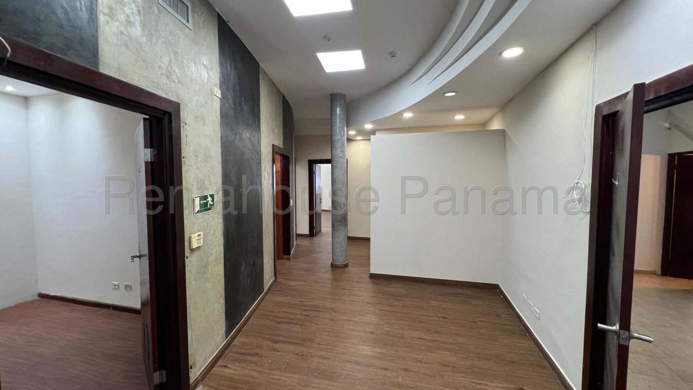 Office interior corridor with wood floors and modern design in PH Financial Park Ave Tumba Muerto Panama