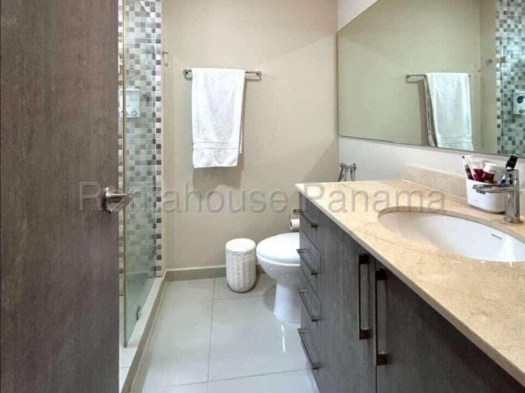 Bathroom with mosaic tile glass shower PH Pijao Costa del Este Panama apartment