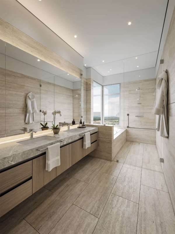 Luxury kitchen with island, quartz countertops, and built-in appliances in Santa Maria Panama apartment