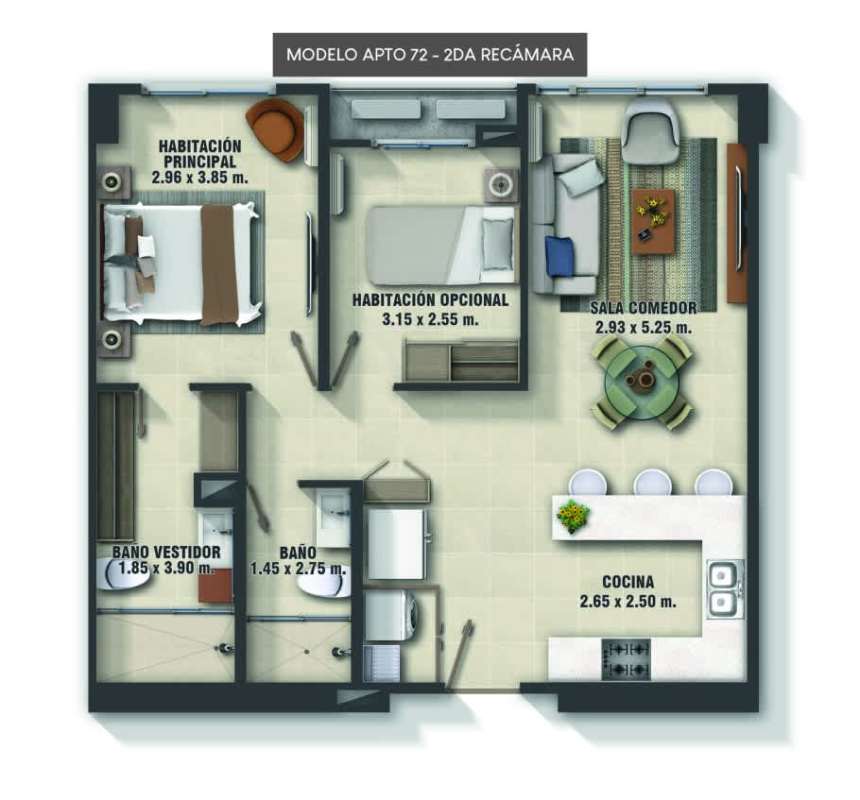 Floor plan of two-bedroom, two-bathroom apartment at PH URBAN El Cangrejo Panama City