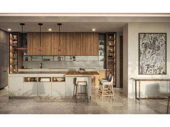Large modern kitchen with elegant cabinetry, quartz counters at PH Alamar Buenaventura