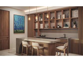 Modern kitchen island with quartz countertop and bar stools in PH Alamar Buenaventura