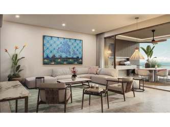 Contemporary styled living and dining room opening to balcony with ocean views at PH Alamar, Buenaventura Panama