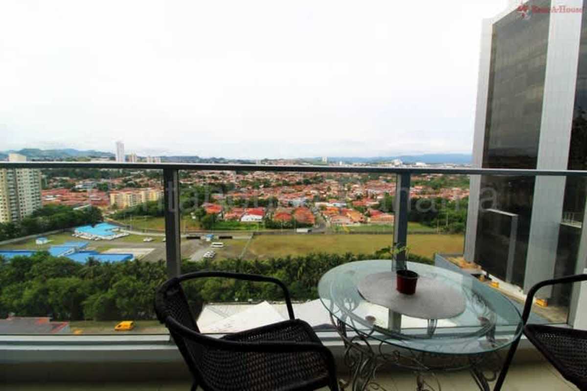 Private balcony overlooking Costa del Este skyline in Panama City