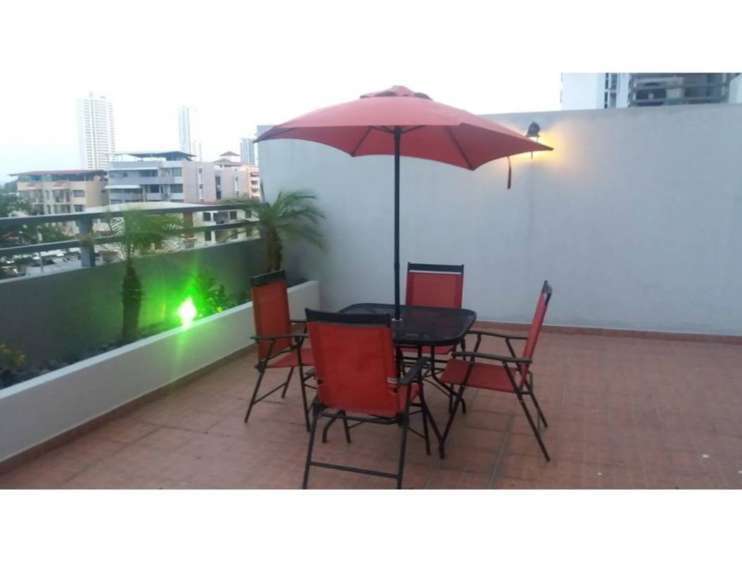 Large private balcony terrace overlooking Panama City skyline in PH Parque Lindo Parque Lefevre