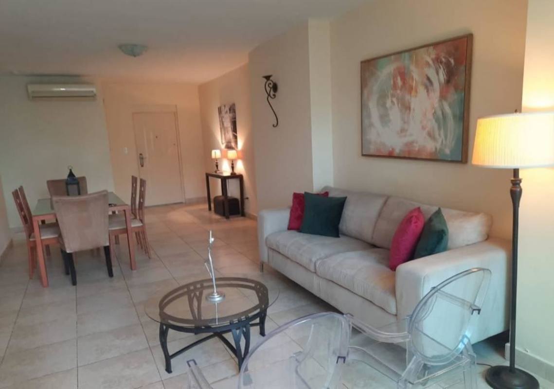 Modern furnished living and dining room with AC, tile flooring at PH San Francisco Bay Panama City