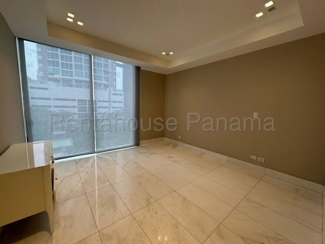 Modern bathroom with marble vanity, glass shower, and designer fixtures in PH The Residences Punta Pacifica Panama