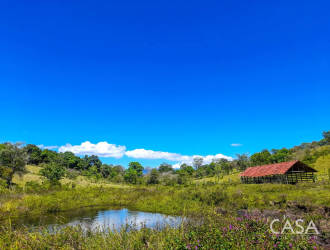 Fertile farmland bordering Costa Rica, showing pond and grassy slopes at Renacimiento Chiriquí Panama