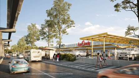 Aerial showing commercial retail hub, train station, forests, solar panels Burunga Arraiján Panama