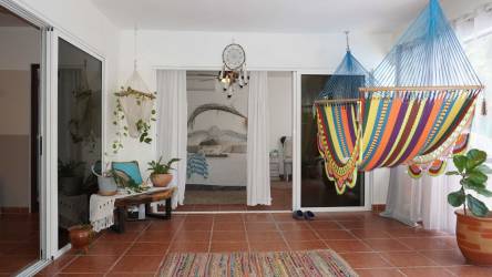 Master bedroom with garden views ceiling fan spacious layout beach home Santa Clara Panama