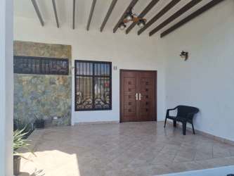 Sandy beach with palm trees clear blue sea near San Carlos home Panama