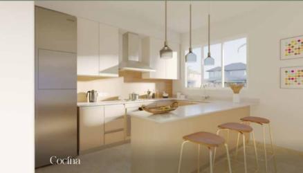 Modern kitchen island, pendant lights, and large window in beach apartment Bijao