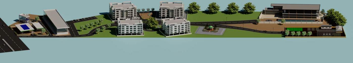 Integrated neighborhood design with green areas, pool, sports, residential blocks in Venao