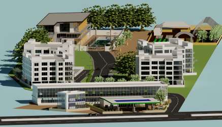 Aerial visualization of complex with commercial plaza apartments and parks in Playa Venao Panama