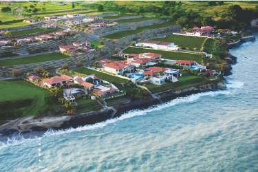 Aerial luxury cliffside Mediterranean homes pools ocean view Vista Mar Panama