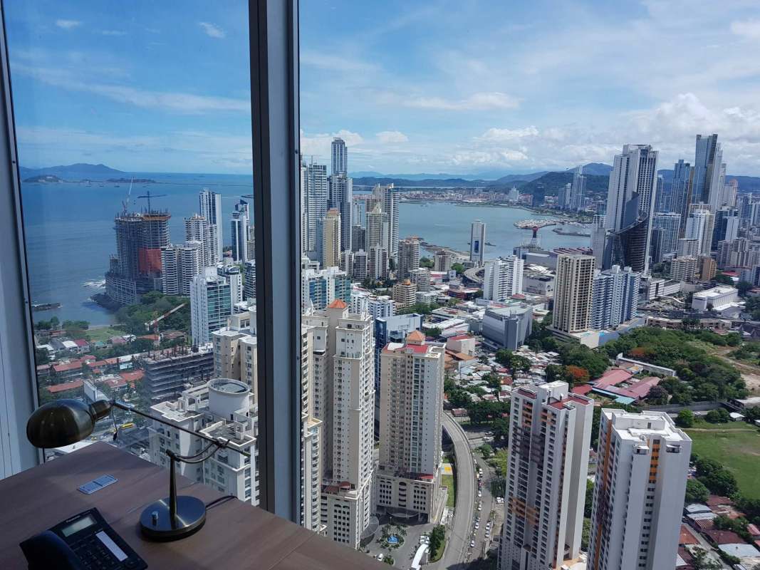 Compact furnished office with glass walls at Oceania Business Plaza Panama City