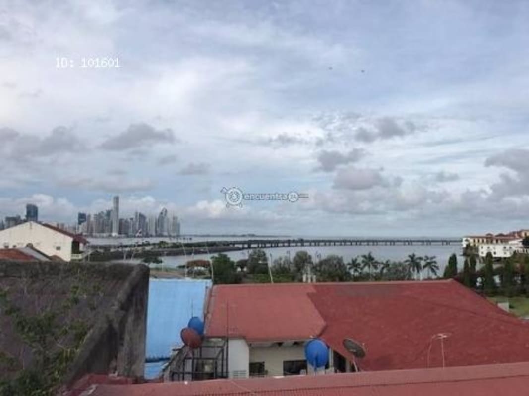 Panama City skyline and ocean seen from Casco Viejo historic district building in San Felipe